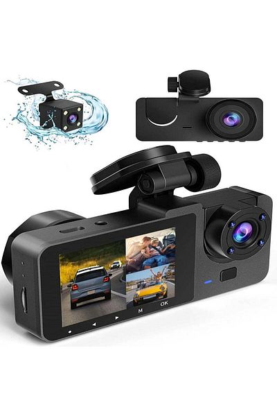 Velixo Triple Dash Camera 1080p, 170° Angle, 2” Display, Night Vision, Motion Detect, Loop Rec, G-sensor