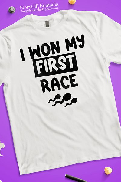 StoryGift Romania Tricou Barbati Cu Mesajul In Engleza "i Won My First Race" - Am Castigat Prima Mea Cursa F Stg