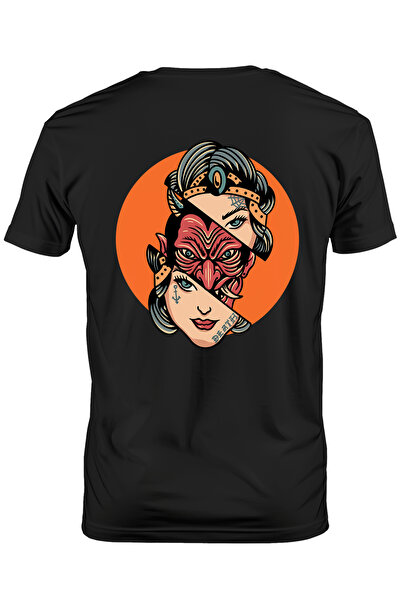 StoryGift Romania Tricou Barbati Cu Cerc, Portret, Femeie, Demon, Jumatate, Colti, Tatuaje, Cu Imprimeu Pe Stg