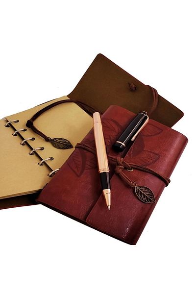 BSSM Coffee Leather Notebook with Wooden Box and Metal Copper Pen
