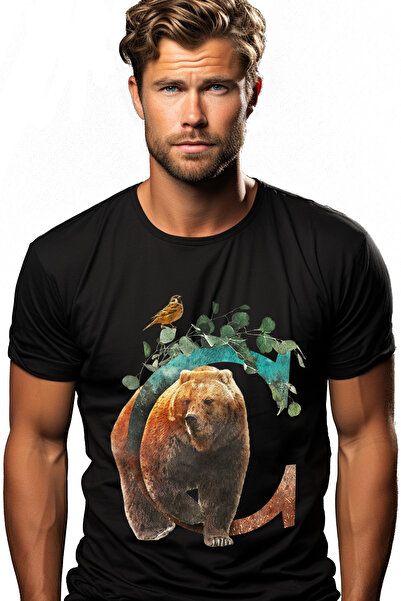 StoryGift Romania Tricou Barbati Cu Litera, C, Urs, Vrabioara, Plante, Cu Imp...