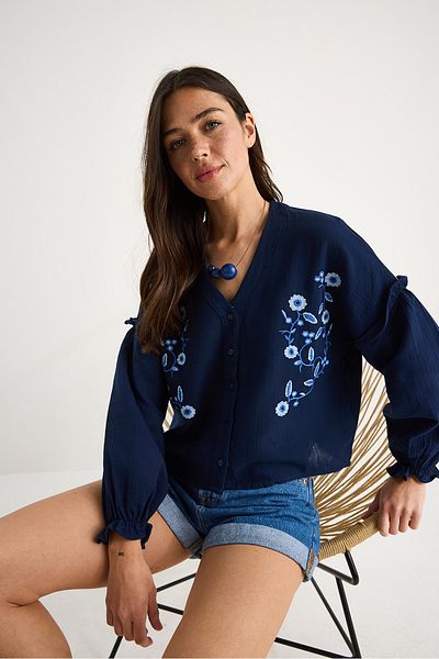 Bianco Lucci Women's V-Neck Embroidered Elastic Sleeves Summer Muslin Shirt G28-4889 60283343