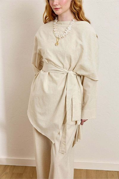 Ceylan Otantik Cream Organic Linen Shawl Detail Tunic
