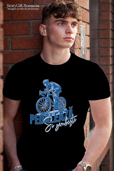StoryGift Romania Tricou Barbati Om Pe Bicicleta Pedaleaza Si Zambeste Sport In Aer Liber Cu Imprimeu Pe Fatstg