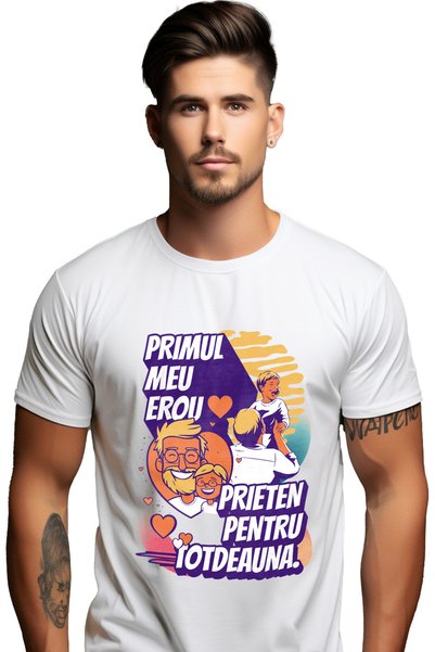 StoryGift Romania Ανδρικό T-Shirt Μπαμπάς-Ήρωας Οικογενειακό Κείμενο  "Ο Πρώτ...