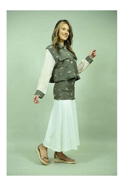 Y TWO WOMEN Long Skirt in Blocks with Appliqued Embroidery Mermaid Khaki S-m