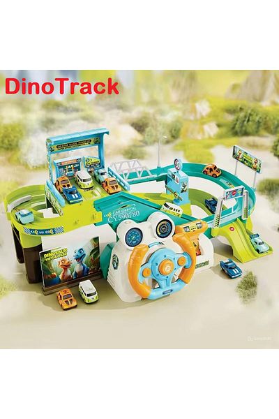 indiggo DinoTrack Indiggo® 4-Car Track and Parking Playset with Functional Steering Wheel with Lights and Sounds
