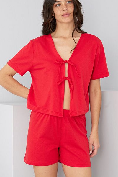 Siyah İnci Set pantaloni scurți tricotați roșii cu șireturi7888