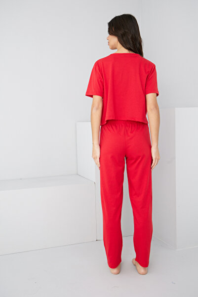 Siyah İnci Red Tied Knitted Pajama Suit7889