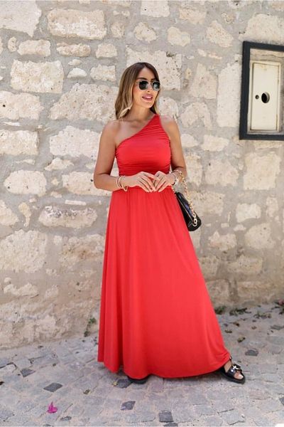 QİMYA BUTİK Buketli Women's Draped Elastic Waist Sandy Fabric One Shoulder Dress