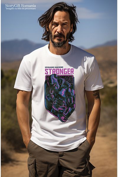 StoryGift Romania Tricou bărbătesc cu robot violet în picioare, inteligență artificială, tehnologie avansată
