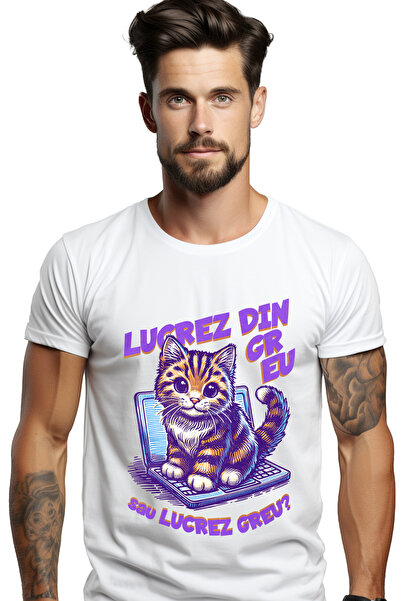 StoryGift Romania Tricou Barbati Pisica Laptop Cu Mesaj Haios Lucrez Din Greu...