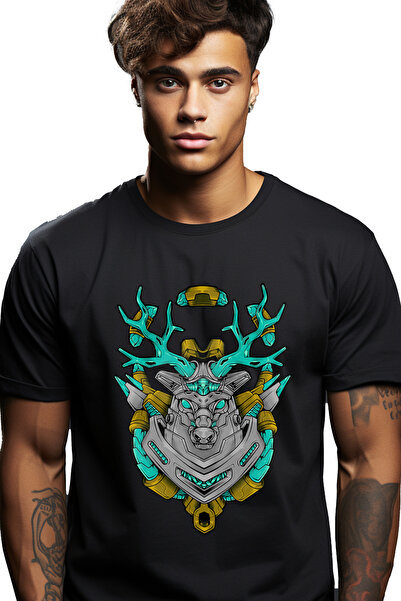 StoryGift Romania Tricou bărbătesc cu cap de cerb, robot, mecha, cyberpunk, coarne, cu imprimeu pe față, 100% stg
