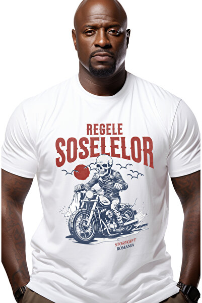 StoryGift Romania Tricou Barbati Regele Soselelor Schelete Pe Motor Viteza Motocicleta Cu Imprimeu Pe Fata, Stg