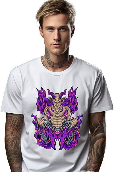 StoryGift Romania Tricou Barbati Cu Demon, Coarne, Lant, Flacari, Muschi, Aripi, Fantasy, Cu Imprimeu Pe Sp Stg