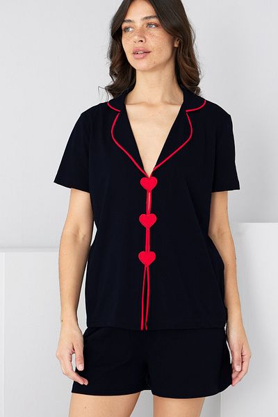 Siyah İnci Black Red Heart Piping Detailed Knitted Shorts Set7890