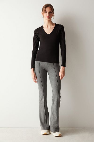 Penti Baumwolle V-Ausschnitt Basic Schwarz Langarm Top