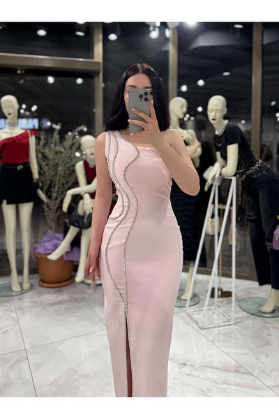 missswans Ayana One Shoulder Stone κυματιστή λεπτομέρεια με σχισμή μπροστά Midi βραδινό φόρεμα Dusty Pink