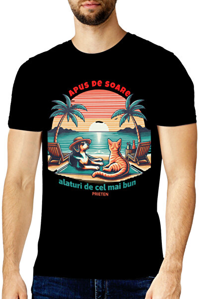 StoryGift Romania Ανδρικό T-shirt Σκύλος και Γάτα στην Παραλία Καλύτερος Φίλο...