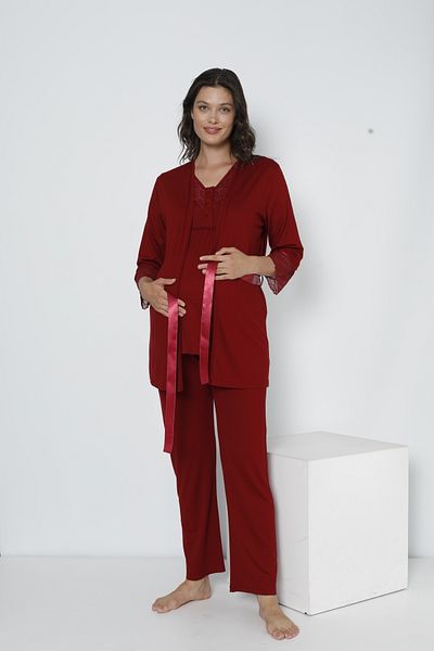 Miss Dünya Lissa Lace Detailed Maternity and Postpartum Pajama Set with Dressing Gown Suitable for Breastfeeding