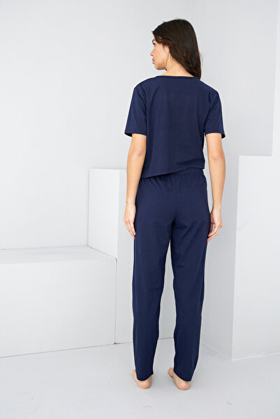 Siyah İnci Navy Blue Tied Knitted Pajama Suit7889