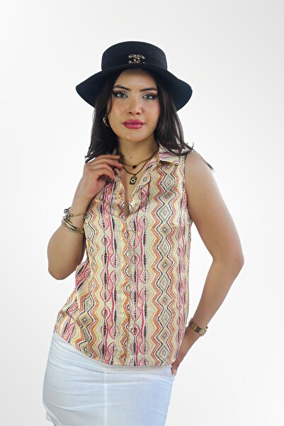 Kübra Tekstil Kadın Saten Şık Yazlık Kolsuz Bluz - Sırt Dekolteli, Desenli, V...