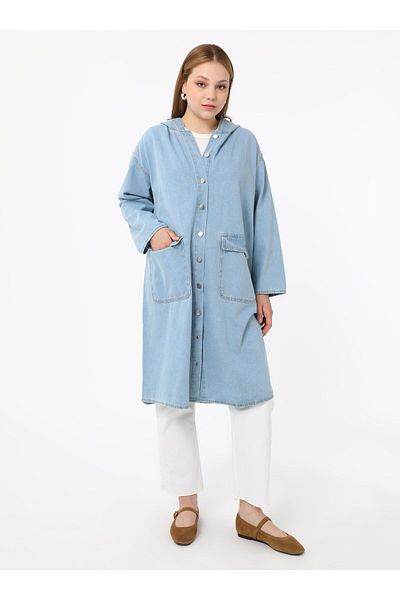 ALİA Plus Size Blue Denim Hooded Overcoat - Alia