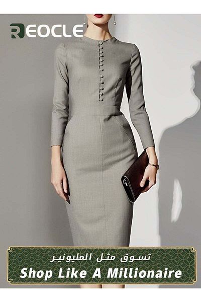 REOCLE Women's Elegant Dress Front Button Dress Round Neck Long Sleeve Waist Slim Fit Mid-Length Dress