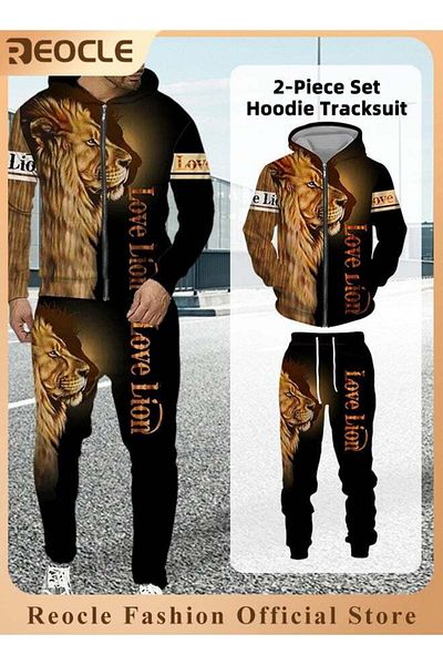 REOCLE Men's 2 Pcs Hoodie Set Sweatshirt Suit 3D Printed Long Sleeve Hoodie Trackpant Casual Suit