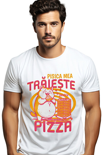 StoryGift Romania Tricou Barbati Pisica Mancand Pizza Text Pisica Traieste Pi...