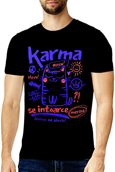 StoryGift Romania Ανδρικό T-shirt με στάμπα  "Cat-karma Always Returns " μπρο...