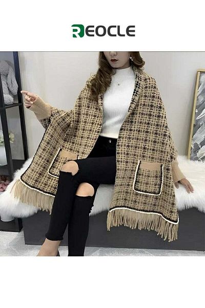 REOCLE Women's Warm Shawl Open Front Poncho Cape Plaid Shawls Knit Fringe Shawl Wraps Warm Capes
