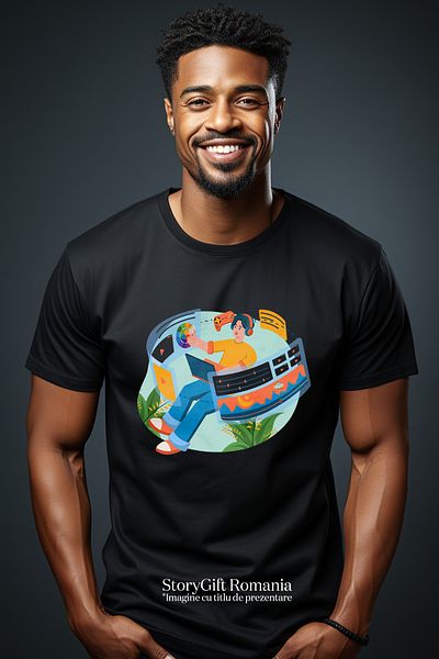 StoryGift Romania Men's T-Shirt With Headphones, Laptop, Screen, Plants, Controller, Games, Video Clips, with STG print
