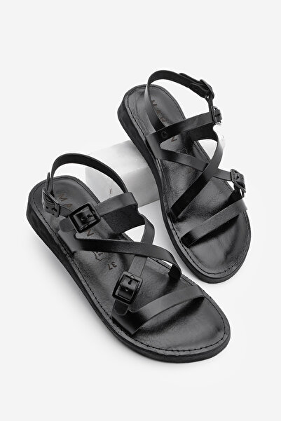 Marjin Women's Genuine Leather Eva Sole Back Strap Daily Sandals Evira Black