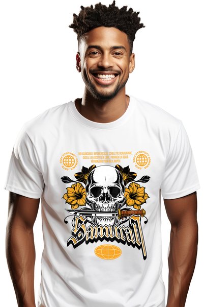 StoryGift Romania Ανδρικό T-Shirt Σαμουράι με Νεκροκεφαλή και Λουλούδια, με Σ...