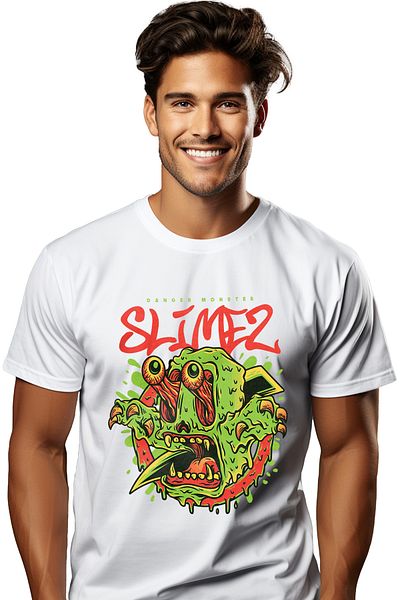 StoryGift Romania Tricou Barbati Cu Slime Verde Infricosator Cu Ochii Iesiti Si Colti Ascutiti, Text In Engl