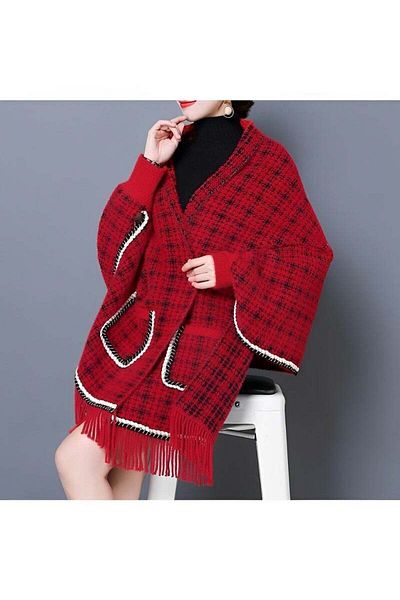 REOCLE Women's Warm Shawl Open Front Poncho Cape Plaid Shawls Knit Fringe Shawl Wraps Warm Capes