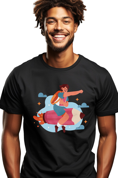 StoryGift Romania Tricou bărbătesc cu creion, rachetă, flăcări, stele, cer, n...