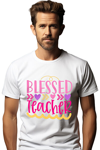 StoryGift Romania Tricou Barbati Cu Text In Engleza Blessed Teacher, Inimi Co...