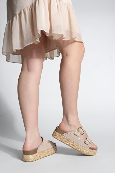 Marjin Γυναικείες παντόφλες από γνήσιο δέρμα με χοντρή ψάθινη σόλα με διπλό λουράκι