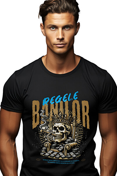 StoryGift Romania Tricou Barbati Regele Banilor - Schelet Cu Coroana Cu Imprimeu Pe Fata, 100% Bumbac, Negru Stg