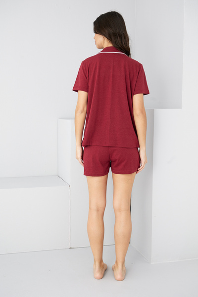 Siyah İnci Burgundy Heart Piping Detailed Knitted Shorts Set7890