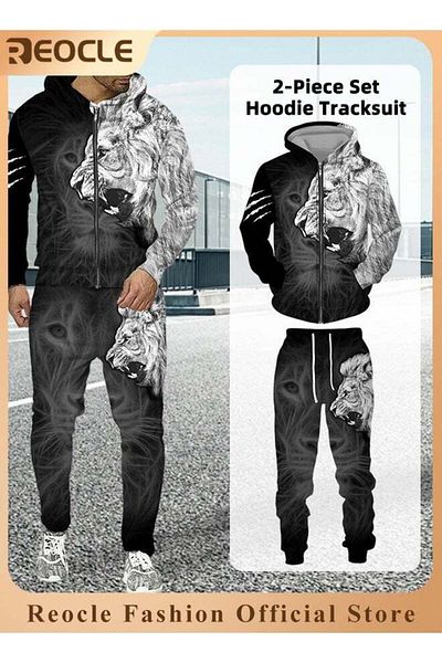 REOCLE Men's 2 Pcs Hoodie Set Sweatshirt Suit 3D Printed Long Sleeve Hoodie Trackpant Casual Suit