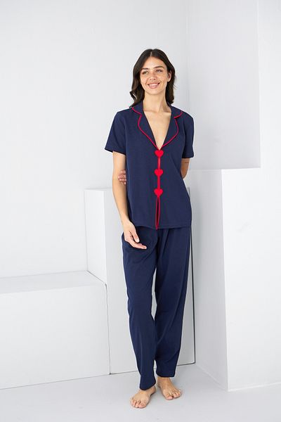 Siyah İnci Navy Blue Heart Piping Detailed Knitted Pajama Set7891
