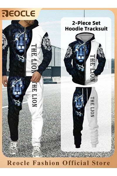 REOCLE Men's 2 Pcs Hoodie Set Sweatshirt Suit 3D Printed Long Sleeve Hoodie Trackpant Casual Suit