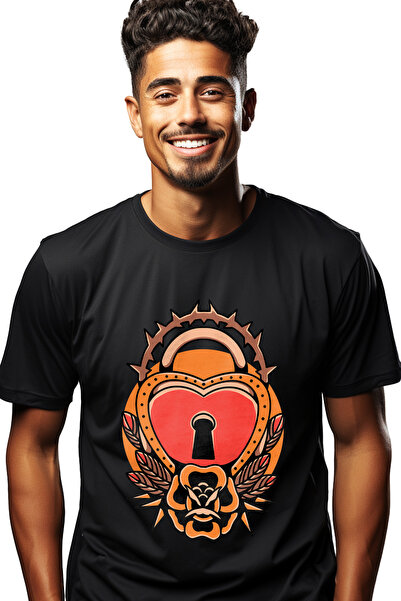 StoryGift Romania Tricou Barbati Cu Inima, Lacat, Tepi, Pene, Floare, Frunze,...