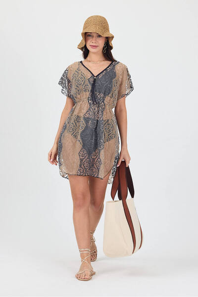Bysenby Bysen Serra Openwork Metallic Color Lace Floral Motif Beach Dress Pareo Tunic with Elastic Waist