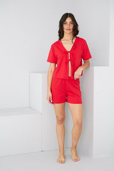Siyah İnci Set pantaloni scurți tricotați roșii cu șireturi7888