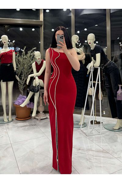 missswans Ayana One Shoulder Stone Wavy Detail Midi Length Evening Dress with Slit in the Front Red