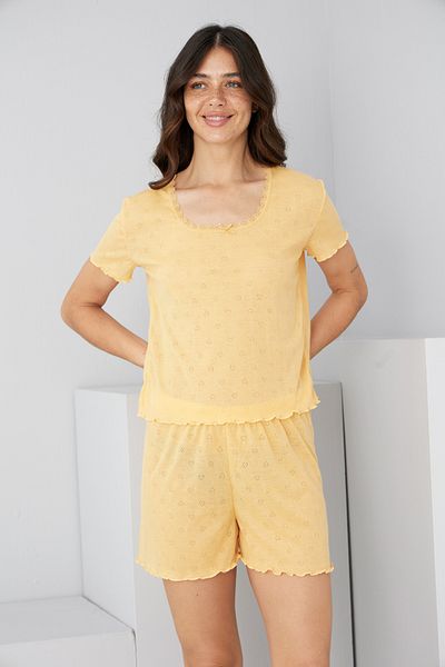 Siyah İnci Yellow Pointel Openwork/Hole Knitted Shorts Set7892
